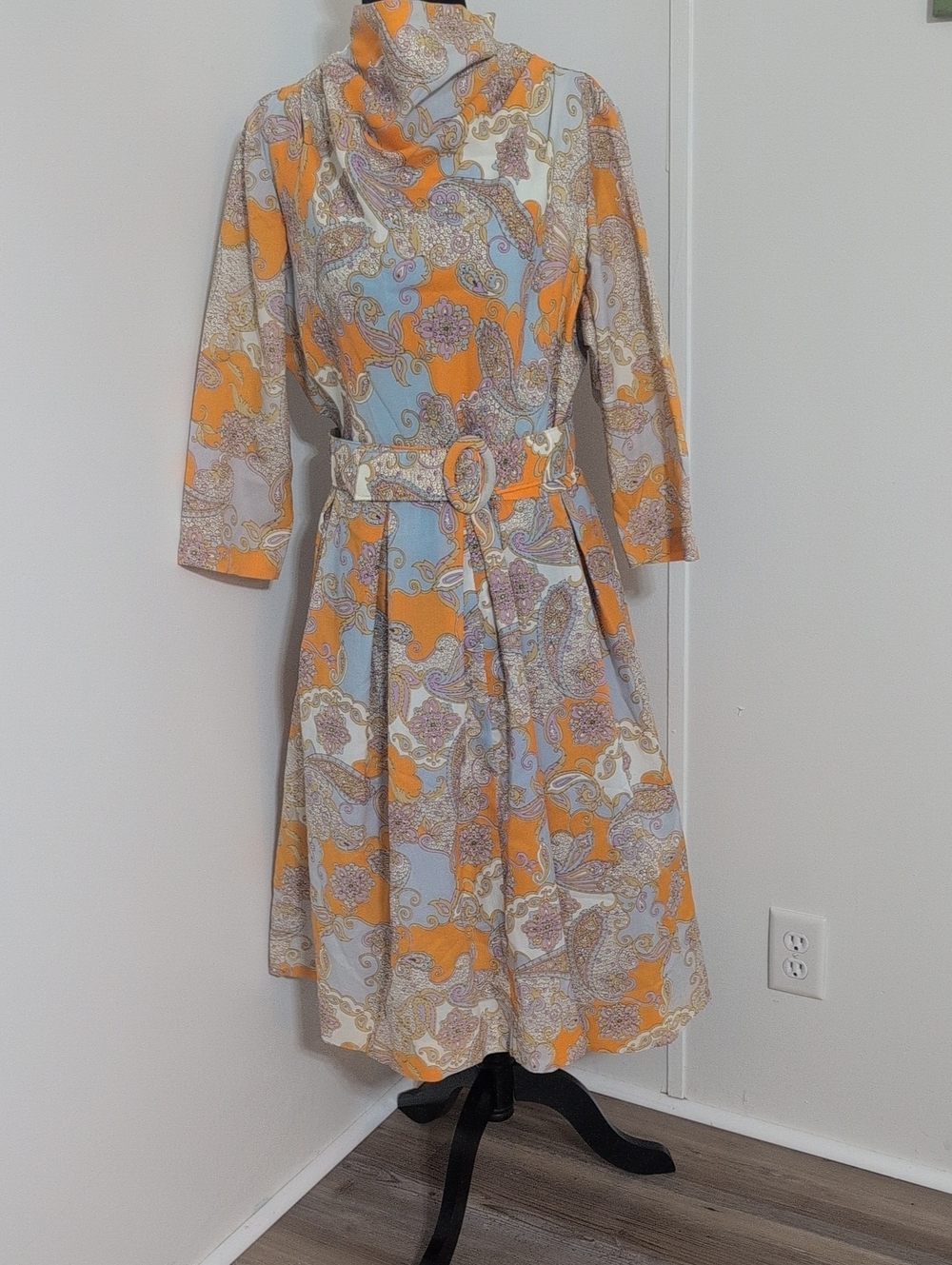 Vintage Paisley Print Belted Dress in Orange Light Blue 1950s 1960s